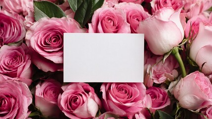 Close-up of pink roses with a blank white card for a message