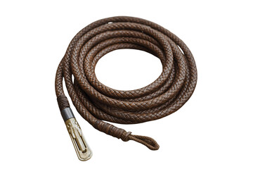 Intricate braided leather whip with vintage handle design perfect for historical re-enactments, adventure themes, and unique design elements