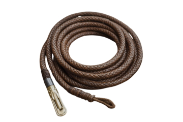 Intricate braided leather whip with vintage handle design perfect for historical re-enactments, adventure themes, and unique design elements