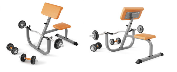 biceps preacher bench arm curl at fitness gym . isolated on white background . 3d render
