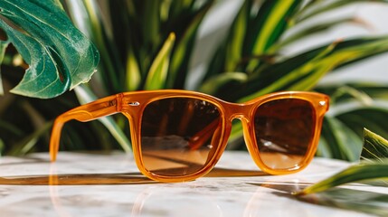 Close-up of stylish orange sunglasses on a marble surface, surrounded by foliage