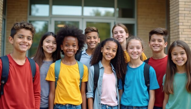 Diverse group of smiling students, kids with backpacks, stand together in front of school building. Children look happy ready for class, education, learning together.