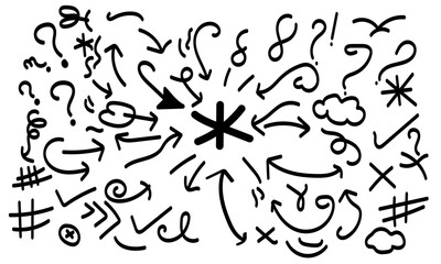 Collection of hand drawn symbols and marks including arrows, checkmarks, crosses, question marks, exclamation points, asterisks, and a cloud