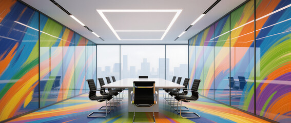 Brightly colored conference room with city view and modern design