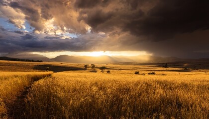 dramatic landscape with stormy sky and golden light