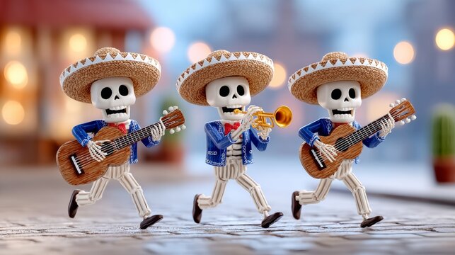 Celebraci&oacute;n del D&iacute;a de Muertos con mariachi de esqueletos en un ambiente festivo