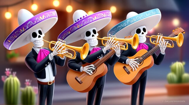Banda de esqueletos mariachi celebrando el D&iacute;a de Muertos en un ambiente festivo y colorido
