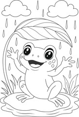 Coloring book for kids, cartoon illustration of a frog on a rainy day