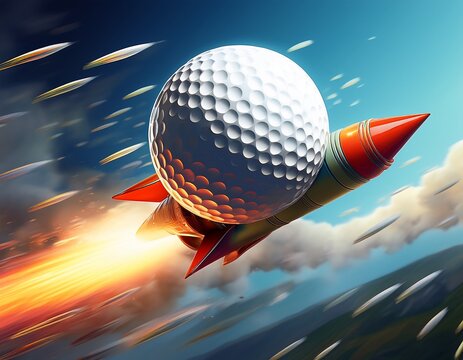 anthropomorphic golf ball riding a missile at high speed