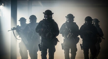 Group of swat men standing with assault rifles and gas masks for special police operations. Tactical law enforcement team ready for action.