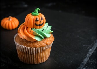 a pumpkin Halloween  cupcake on black