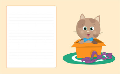 Vector infographic template Children book with a cartoon looking brown color cat in a box and a white page on the left side