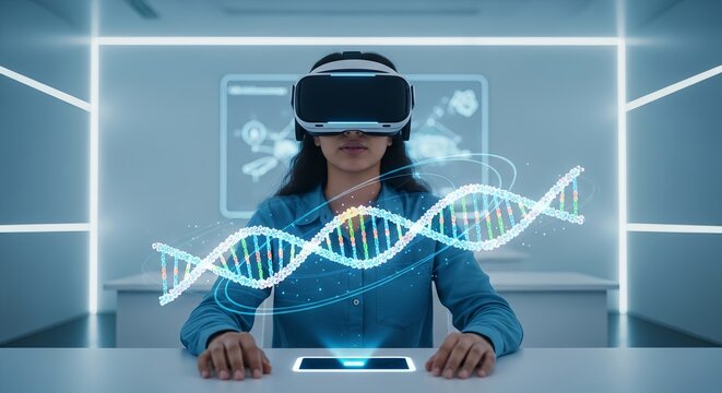 Young woman using virtual reality headset in modern classroom  