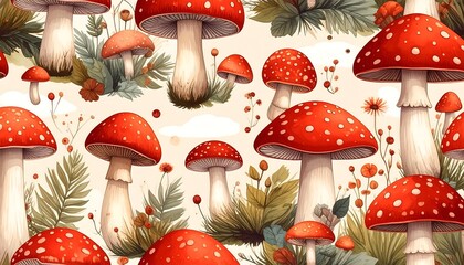 Whimsical illustration of red-capped mushrooms scattered among flora