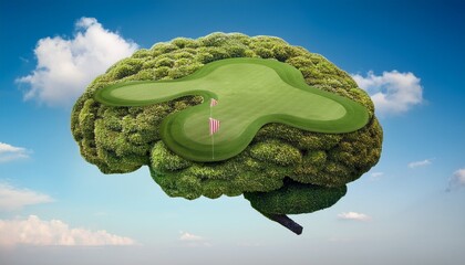 floating brain shaped golf course suspended in the air