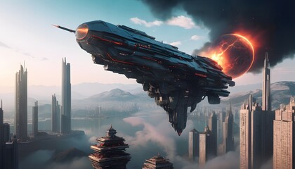 Futuristic City with Hovering Spaceship