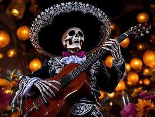 Obraz premium Celebración de Día de Muertos con un esqueleto tocando guitarra entre altares festivos y luces coloridas