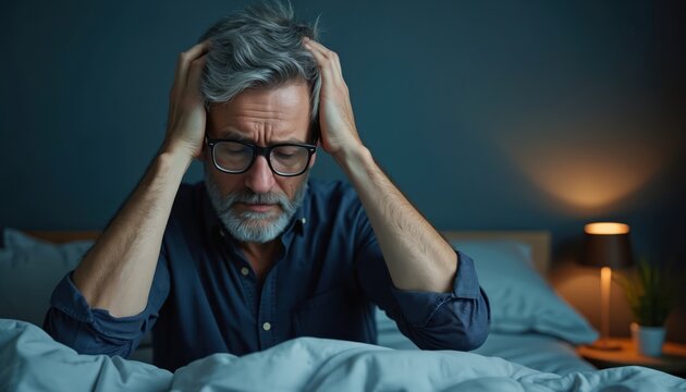 Middle-aged man sits in bed awake at night. He holds head in hands, struggling with insomnia, stress. Worried adult guy has sleep problems, mental health issues in his modern bedroom at dark room now. - Powered by Adobe