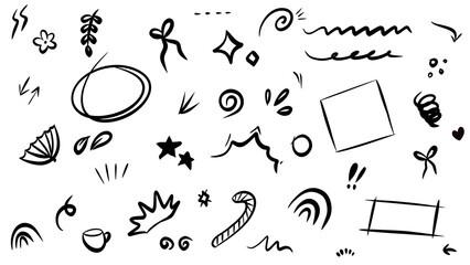 Doodle Elements Vector Set: Hand-Drawn Black Sketch Icons, Outlines, and Symbols on transparent Background for Decoration, Design, and Creative Projects. Vector illustration