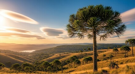 Lone araucaria tree on a rolling hill landscape at sunset with clouds