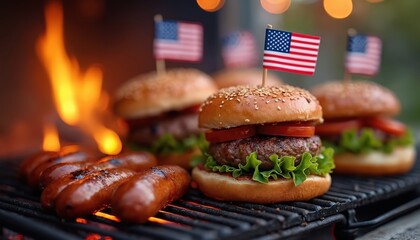 American flags stick in grilled burgers with fresh lettuce, tomato on sesame buns. Hot sausages cook on hot charcoal grill with bright fire. Festive food for summer holiday cookout party. Celebrate
