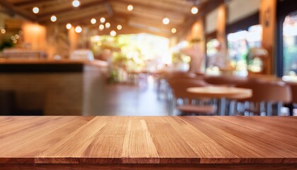 empty wood table top and blurred coffee shop and restaurent interior background can used for display or montage your products