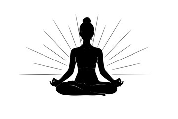 Black Vector Silhouette: Person Meditating in Lotus Pose at Sunrise	