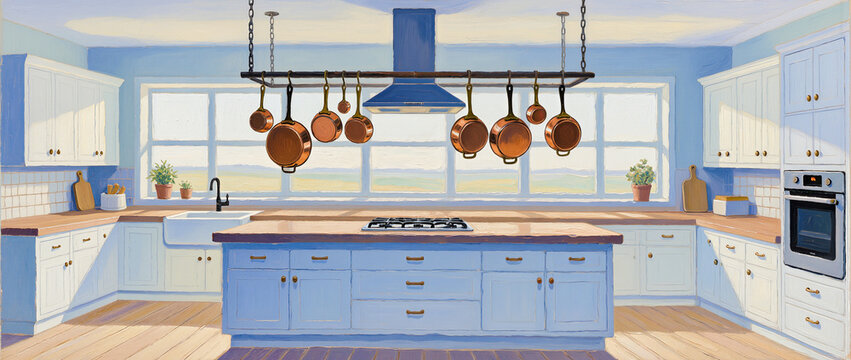 Bright kitchen filled with sunlight and shining copper pots hanging - Powered by Adobe