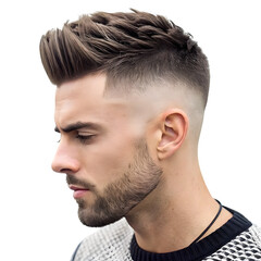 Fototapeta premium Young man with modern haircut and beard in profile against black background