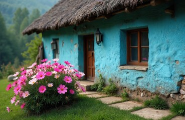 Quaint blue house with thatched roof located in garden with flowers. Traditional home with pink daisies, blue walls. Rural cottage in countryside with idyllic setting. Rustic architecture with stone