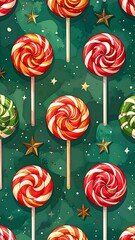 Whimsical lollipop pattern on a dark green background with golden stars