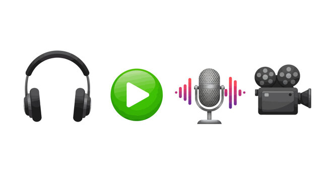 Digital media icons: headphones, play button, microphone, and video camera