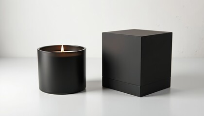 Minimalist black candle burns with a gentle flame. Its square black box sits nearby on a clean white surface, creating a serene, modern aesthetic for home or spa use.