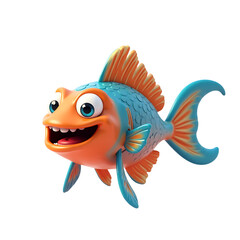 Funny cartoon orange and blue fish with big eyes and sharp teeth isolated on transparent background