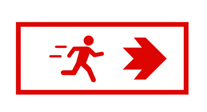 Emergency exit sign with running figure and bold arrow in red outline design