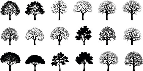 Set of 20 black tree silhouette icons with diverse shapes, branching styles, leaf density, perfect for nature, design, and landscape themes.