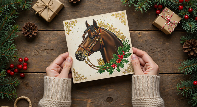 Woman holding vintage postcard with horse illustration during Christmas  