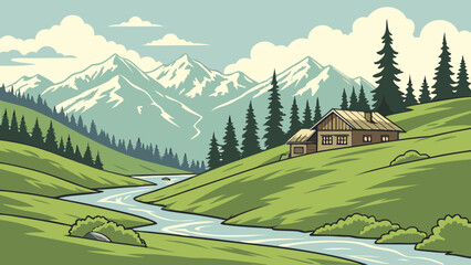 A scenic mountain landscape featuring a charming cabin nestled on a green hillside, with a winding river and snowcapped peaks in the background