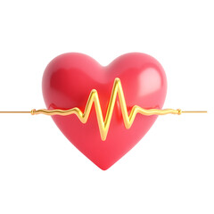 Red heart with yellow ekg line isolated on transparent background