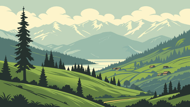 A picturesque mountain landscape with rolling green hills, a serene lake, and snowcapped peaks in the distance, creating a tranquil and scenic view