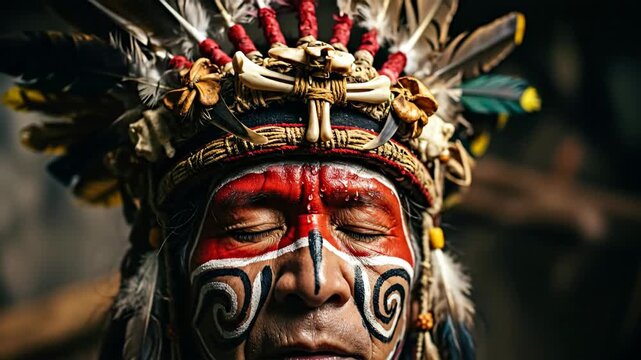 Native american old man with closed eyes wearing traditional headdress against fire background as spiritual wisdom concept footage.