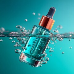 A bottle of liquid, possibly a supplement or vitamin capsule, submerged in water bubbles. The bottle has a blue cap and is surrounded by clear, sparkling water that suggests it's underwater.