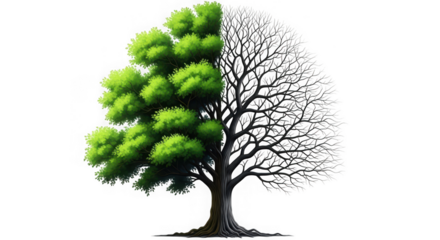 Tree with half green leaves and half bare branches isolated on white isolated on transparent background