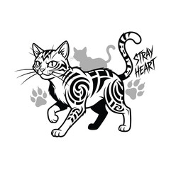 Stray Heart Cat with Tribal Tattoo Patterns and Paw Prints Vector Illustration