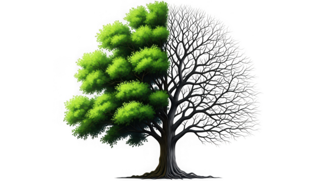 Tree with half green leaves and half bare branches isolated on white isolated on transparent background