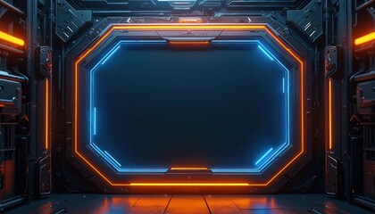 Futuristic technological portal with glowing blue and orange neon borders frames dark empty screen. Sci-fi digital interface design for virtual reality or game concept.