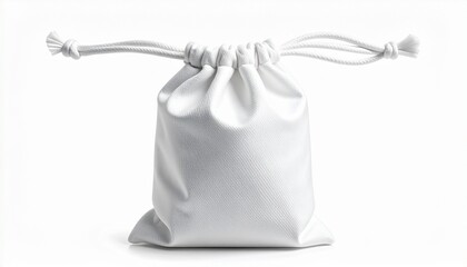 White drawstring pouch with smooth texture and extended strings on plain white background