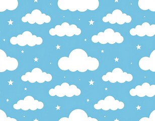 Whimsical repeating pattern of white clouds and stars on a blue sky