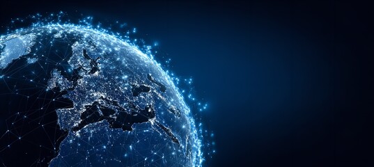 Obraz premium Dynamic glowing earth network connects continents with vibrant digital light symbolizing global data flow and modern connectivity