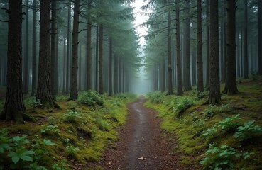 Obraz premium A scenic pathway winds through a misty forest. Tall trees form a green canopy. Rich moss covers the ground. Peaceful nature scene offers calm atmosphere